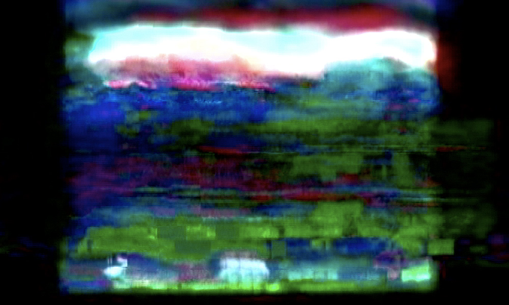 Colorful blue and green glitches.