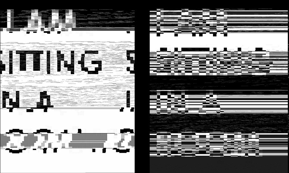 A diptych that reads I AM SITTING IN THE ROOM in various stages of digital decay.