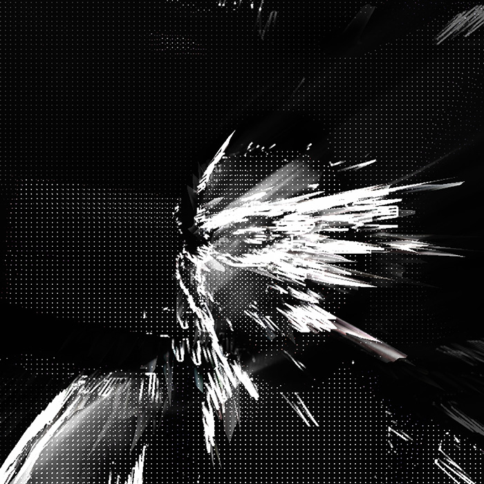 A dot-matrix image of a human face with lines emenating into the foreground.